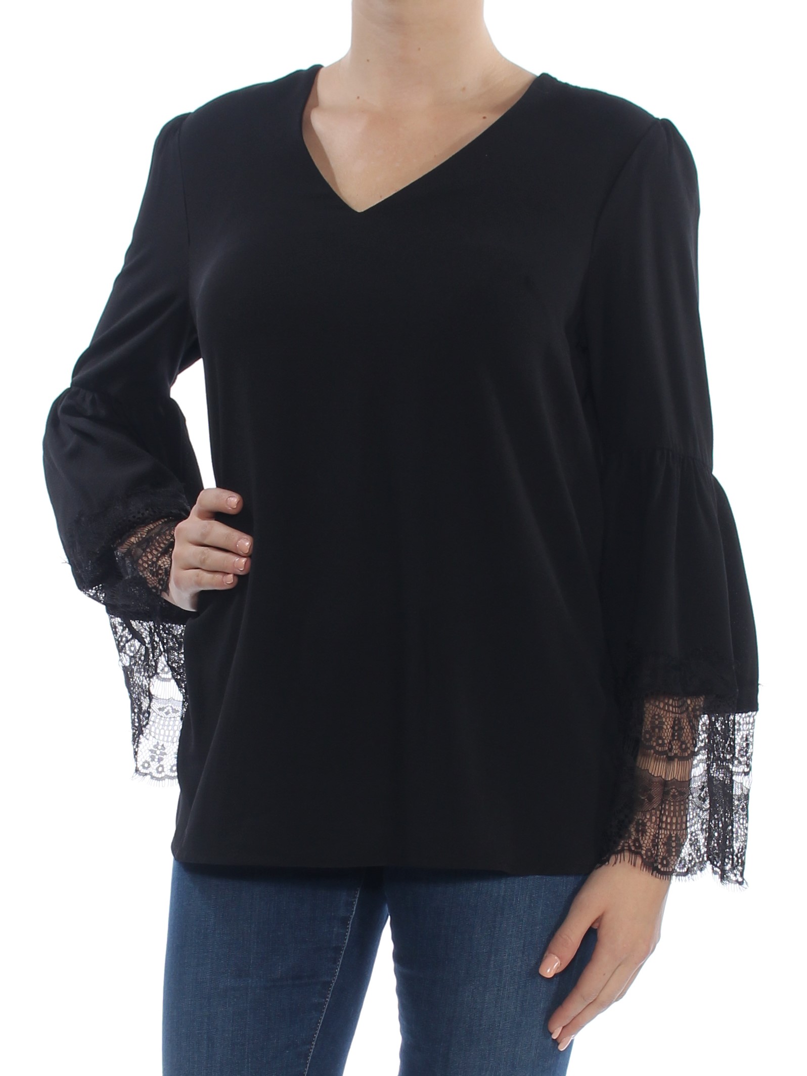 NINE WEST Womens Black Eyelet Bell Sleeve Scoop Neck Tunic Top Size: M